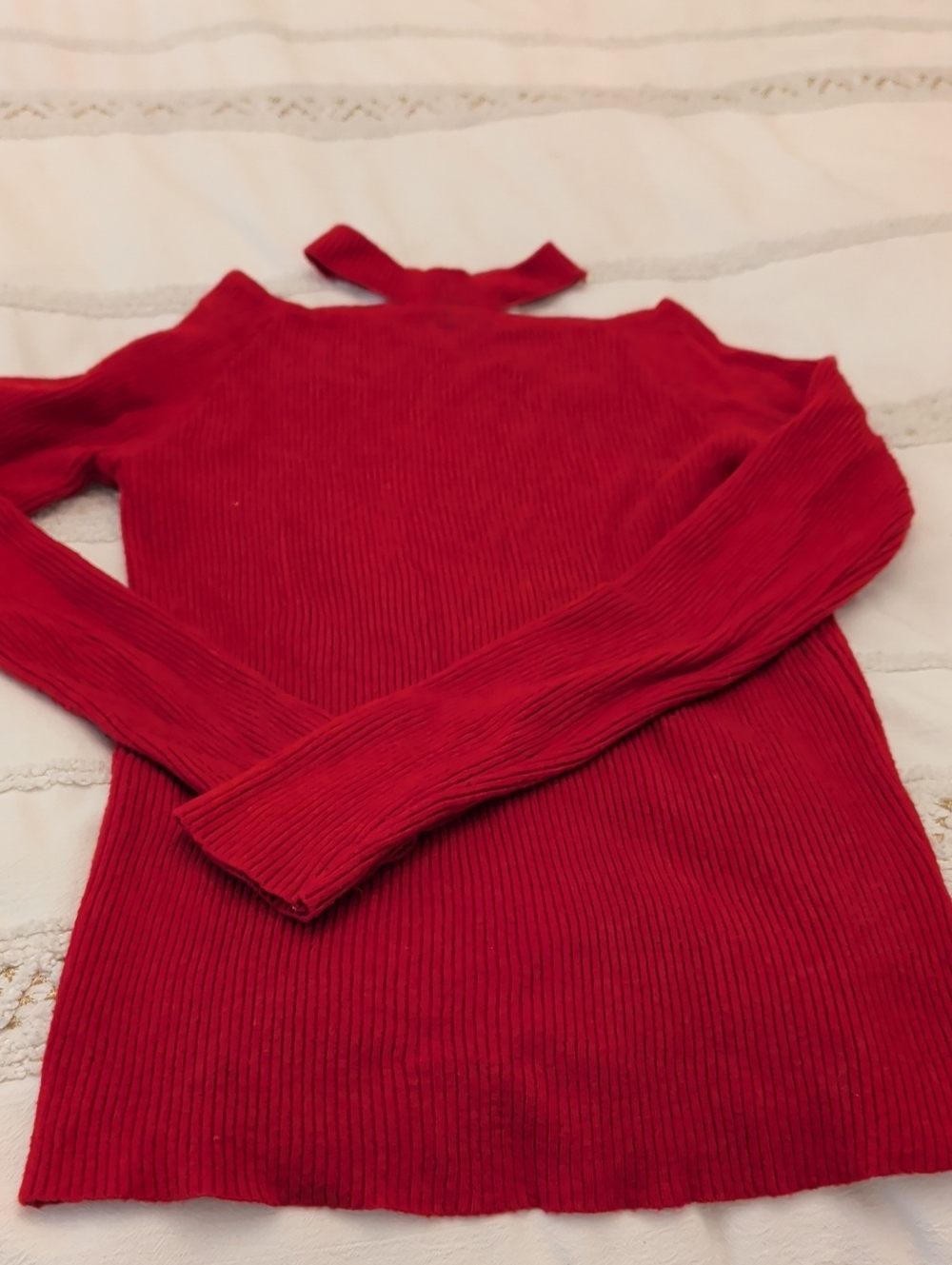 Off-the-Shoulder Ribbed Sweater with Neck Tie in Red